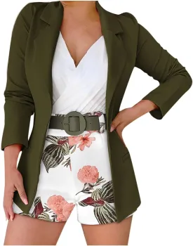 Blazer Sets Women 2 Piece Outfits with Belt Long Sleeve Coat Casual Office Blazers Jackets Shorts Suit, Small