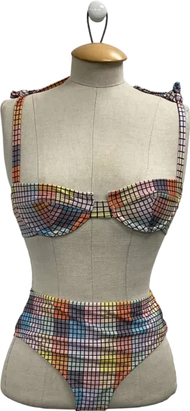 Ganni Multicoloured Tie-shoulder Checked Underwired Bikini Top & High-rise Checked Bikini Briefs UK 6