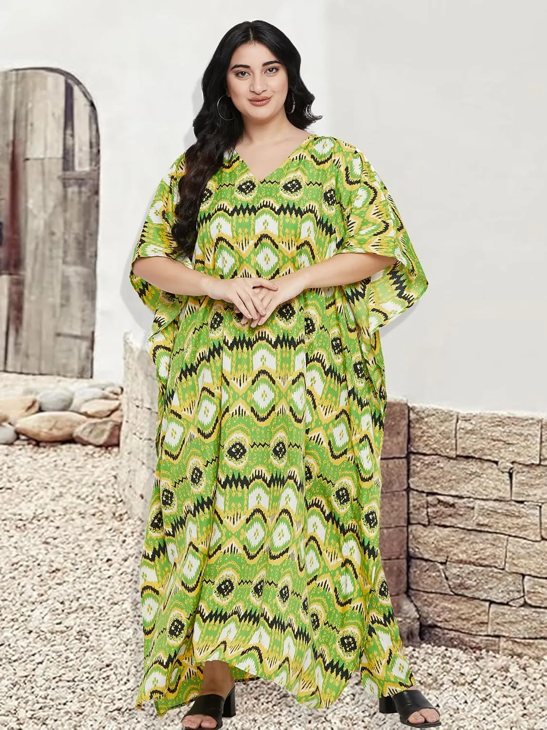 Oussum Women Casual Kaftan Plus Size Long Dubai Caftan Beach Polyester Maxi House Dress for Ladies